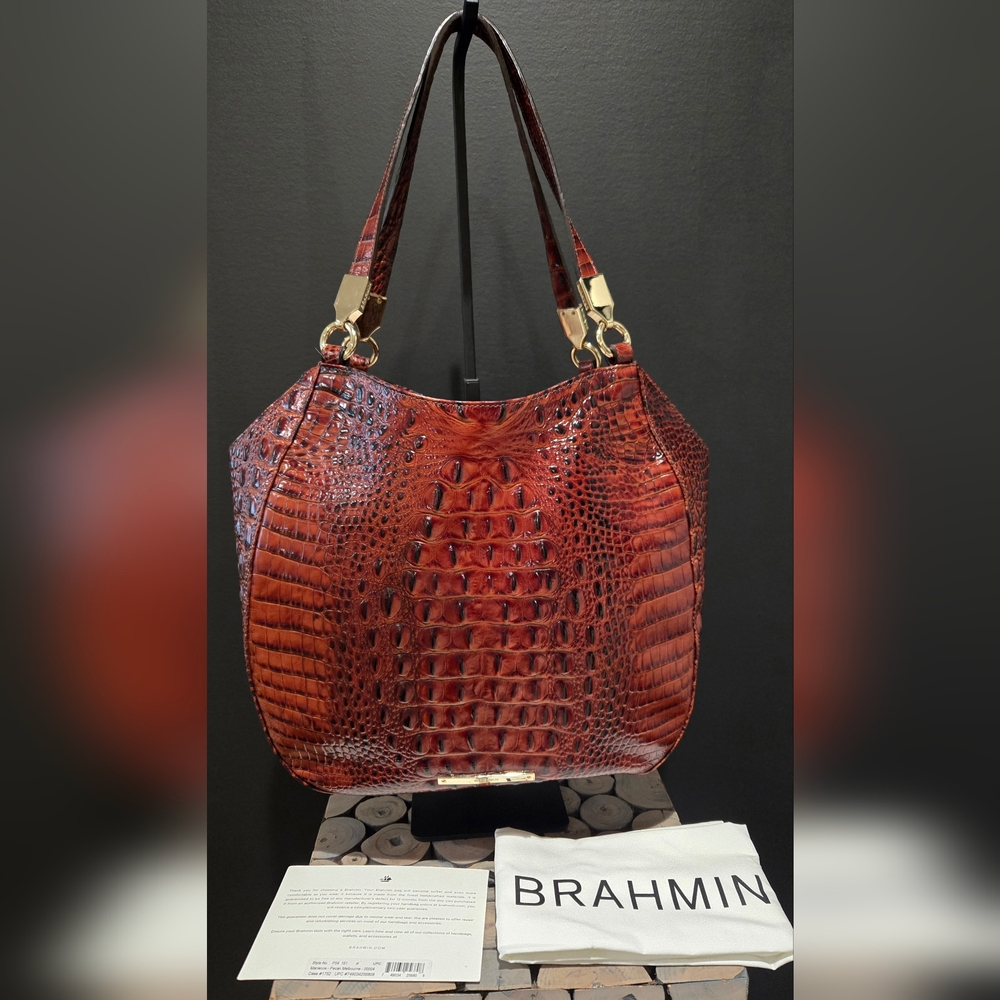 Brahmin Burnt Orange Croc-Embossed Leather Shoulder Bag